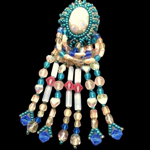 Blue pink ab iridescent festoon chandelier hand beaded large pierced earrings - Picture 3 of 12